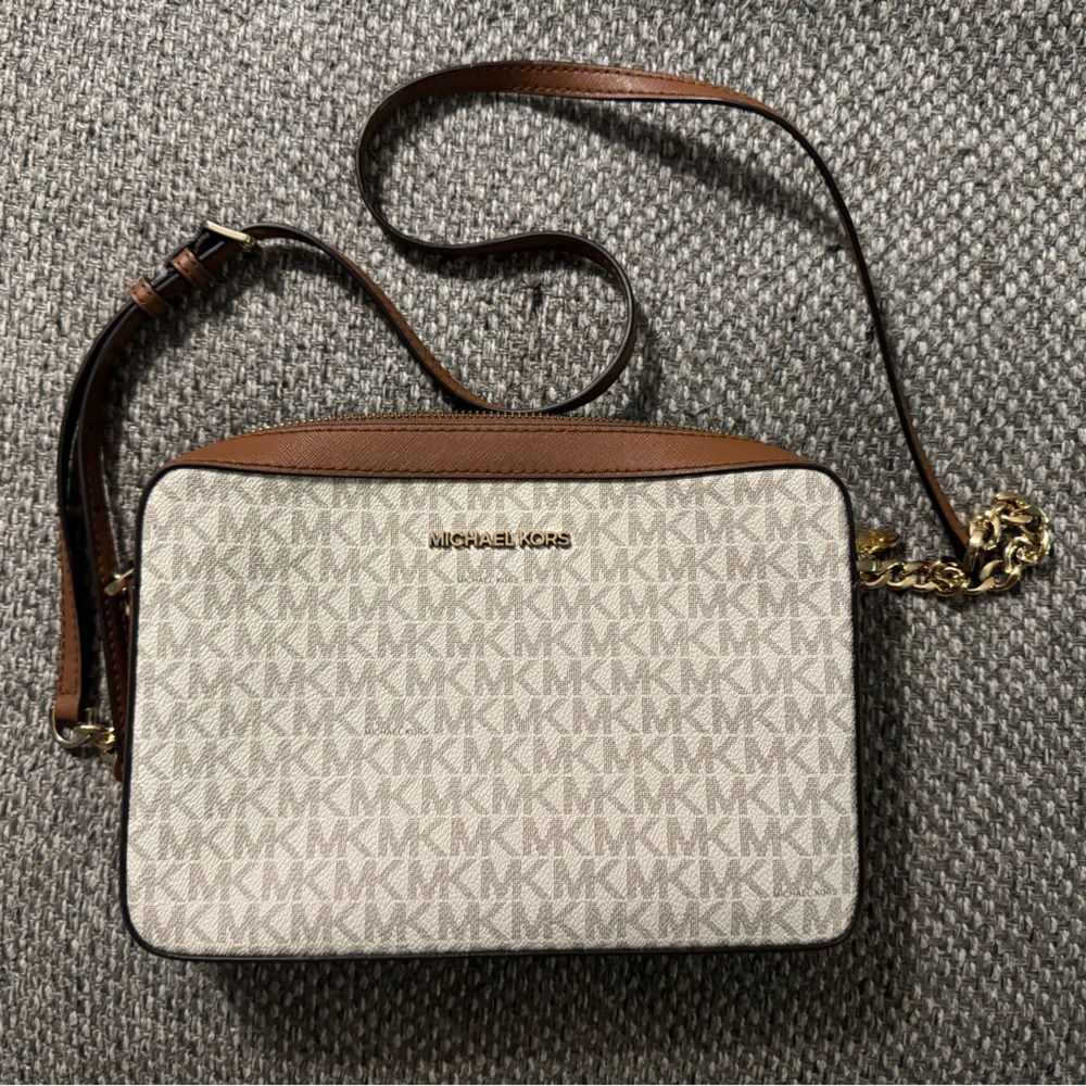Michael Kors Cream Signature Crossbody with Brown Leather Trim